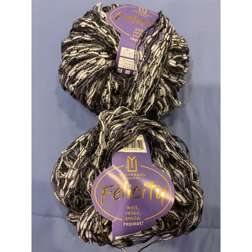 Universal Yarn Felicity Bulky Wool Blend Metallic Black White Silver 2 Skeins